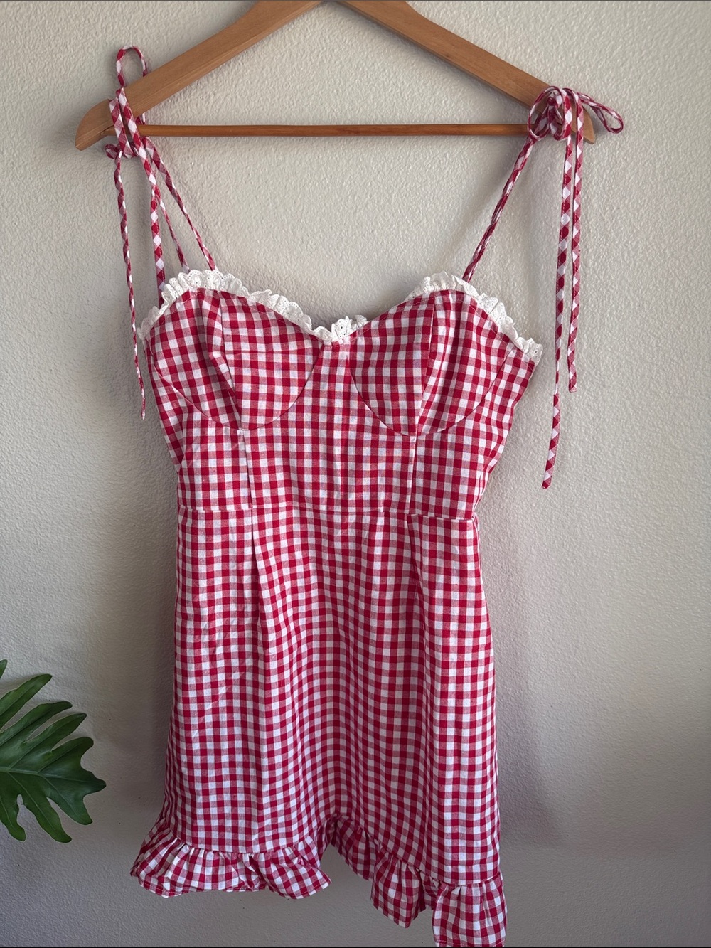 SHEIN Red & White Gingham Tie-Shoulder Mini Dress